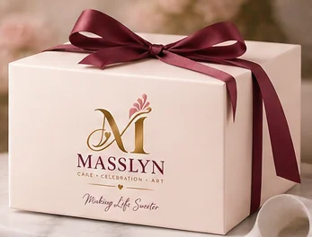 AI concept of a cream cake box with a burgundy ribbon