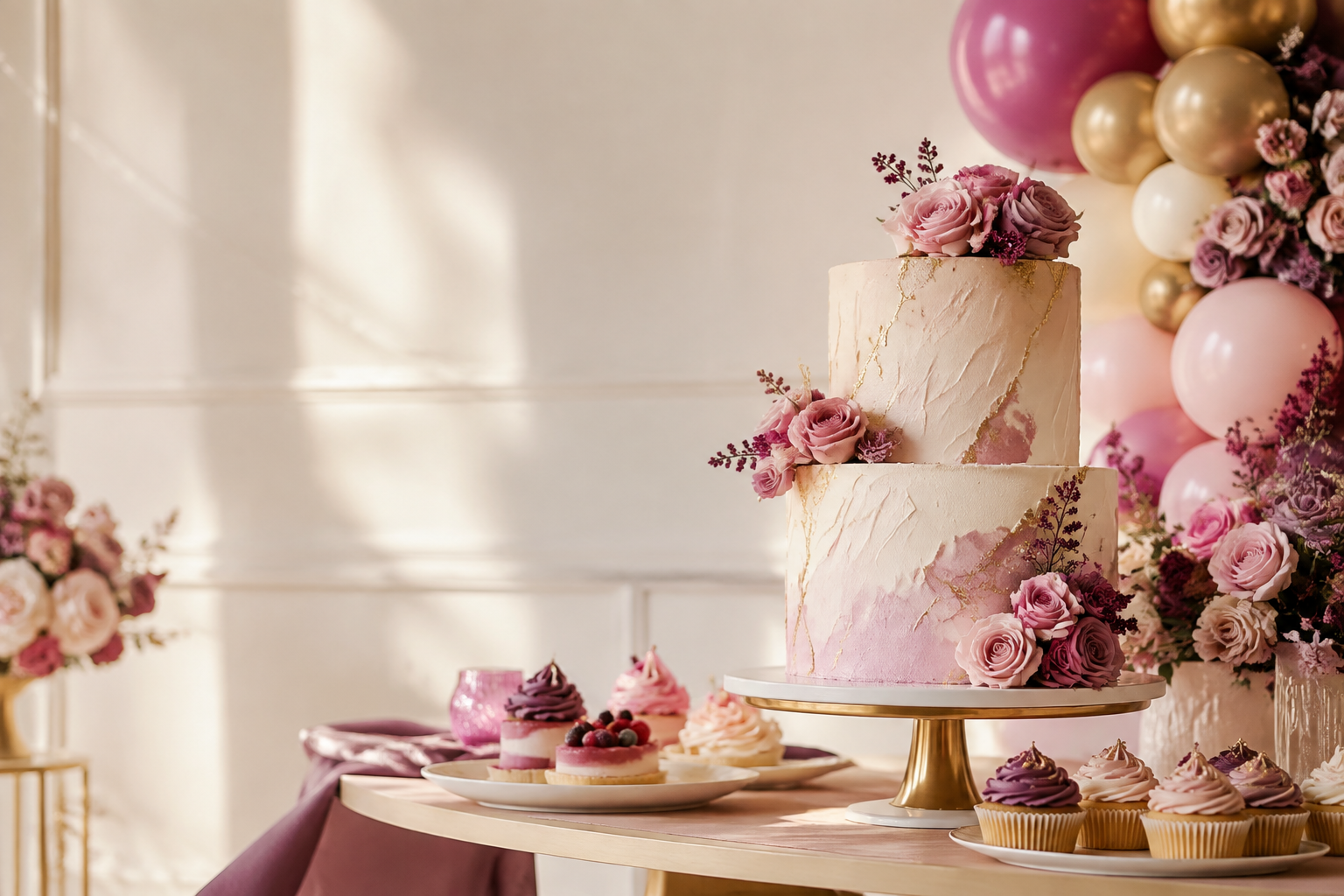 Pink and gold celebration cake with coordinated event décor and pastries